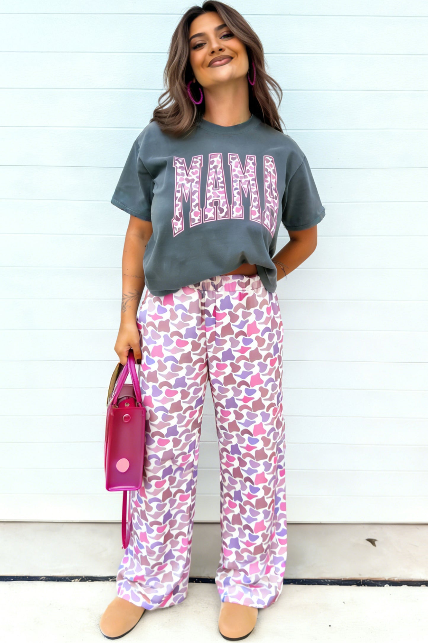 Fun mama  Letter Graphic Tee Camouflage Print Loose Pant Set