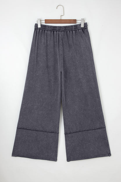Light Grey Flower Patch Mineral Washed Terry Knit Cropped Wide Leg Pants