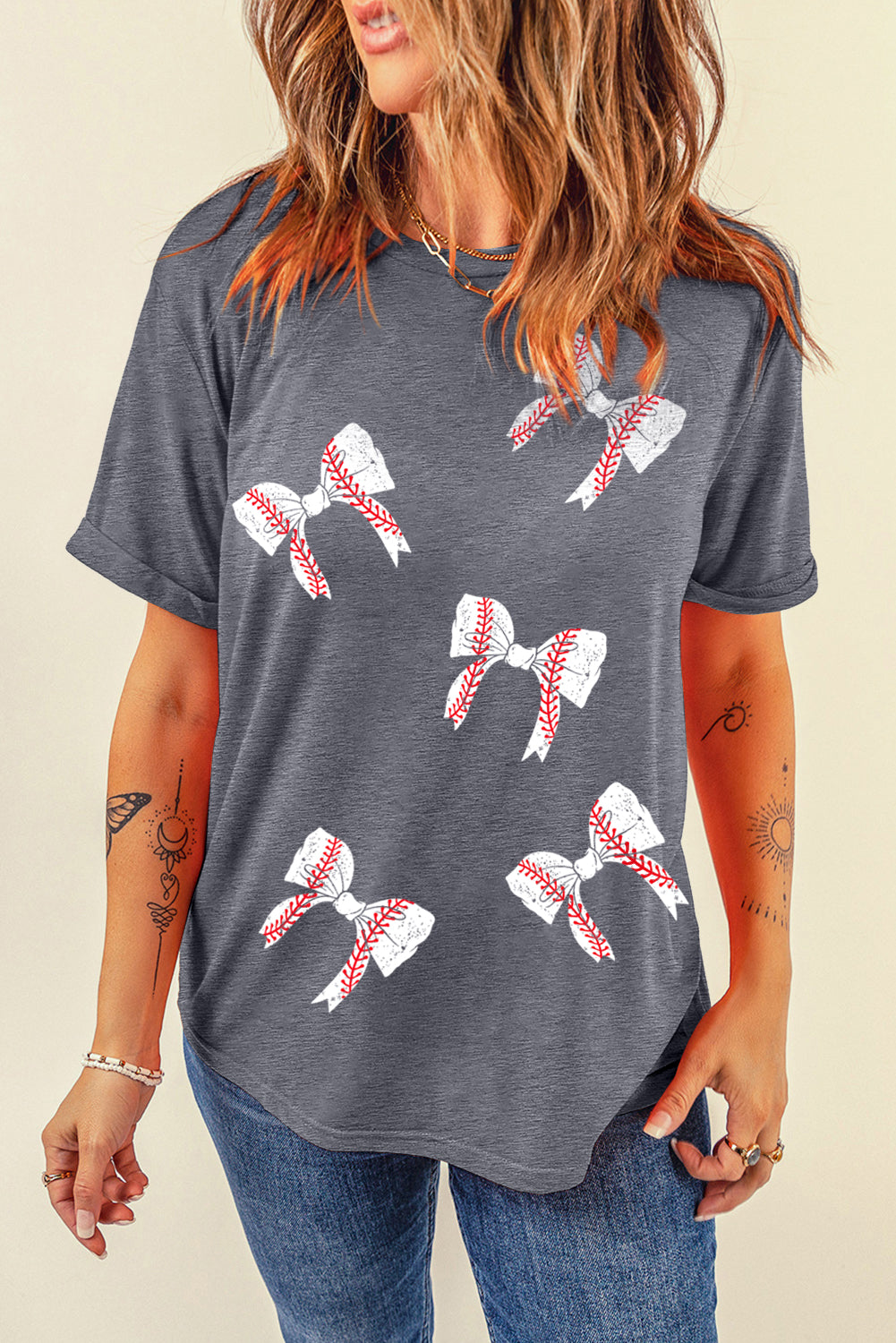 Baseball and Bows Print Crewneck Casual T Shirt