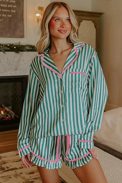 Ricrac Trim Long Sleeve Shirt Drawstring Ruffled Pajama Short Set