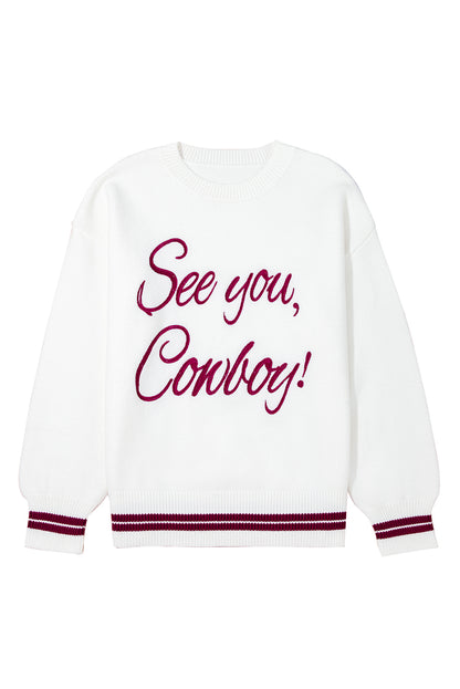 White See You Cowboy Embroidered Western Graphic Sweater