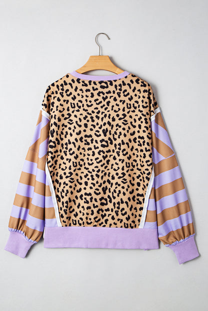 Purple Stripe Color Block Patchwork Leopard Casual Sweatshirt with Slits