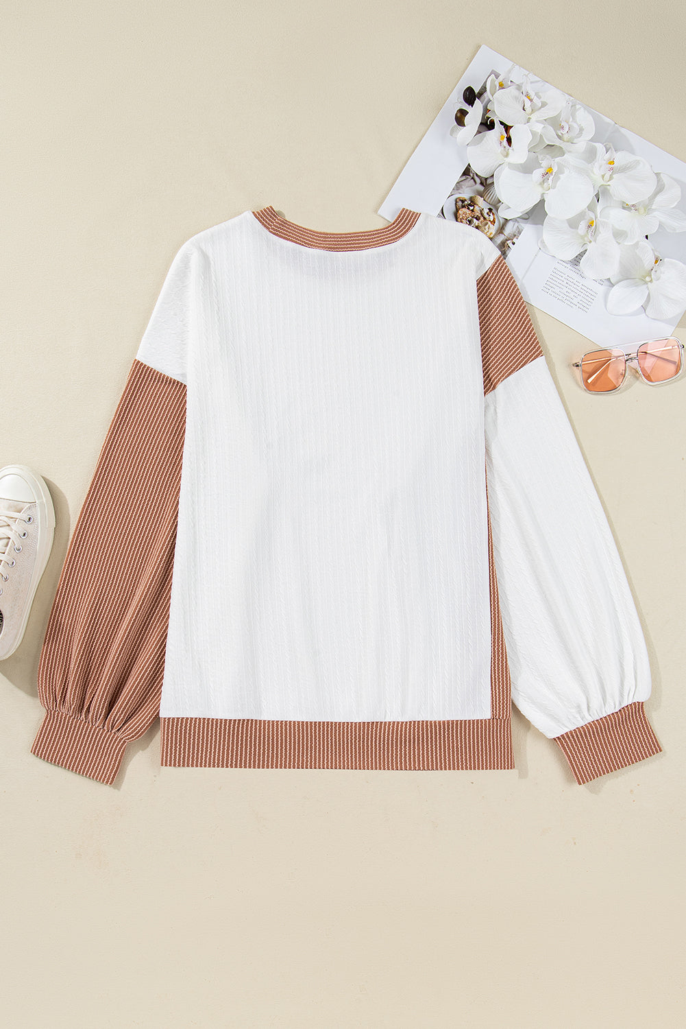 White Cable Texture Ribbed Color Block Plus Size Knit Top