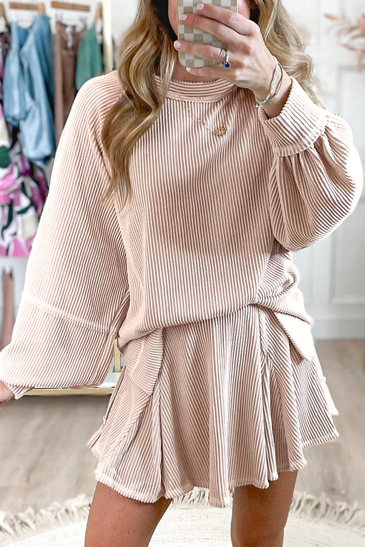 Jet Stream Corded Lantern Sleeve Top High Waist Ruffled Mini Skirt Set