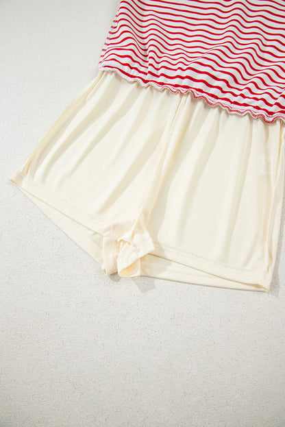 Red Stripe Collared V Neck Drop Shoulder Pullover and Skort 2pcs Outfit