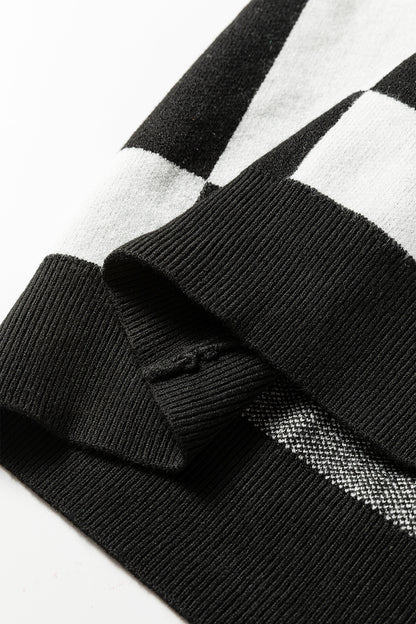 Black Checkered Pattern Loose Drop Shoulder Half Sleeve Sweater