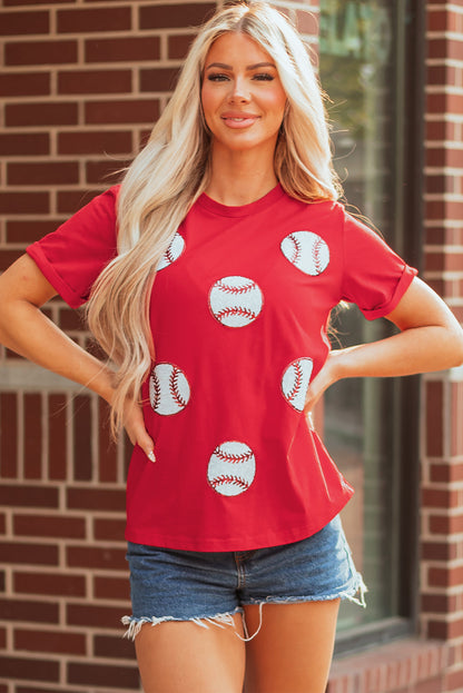 Red Glittering baseball  Pattern Crew Neck Game Day T Shirt