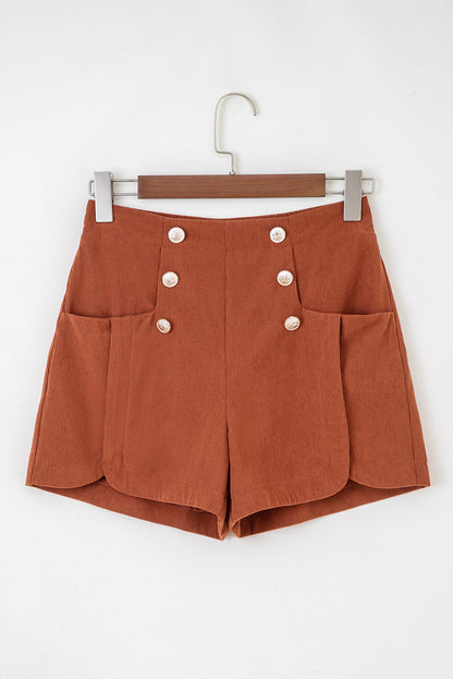 Clay Button Decor Scalloped Edge High Waist Corduroy Shorts