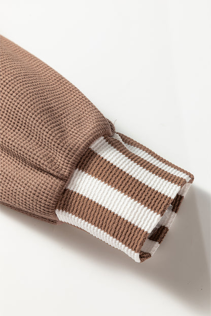 Straw Yellow Waffle Texture Striped Patchwork Button Neck Drawstring Hoodie