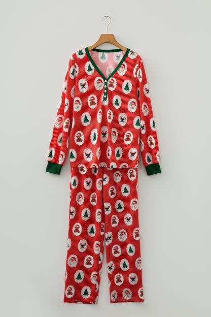 Red Stripe Christmas Fashion Print Henley V Neck Pullover and Jogger Pants 2 Piece Lounge Set