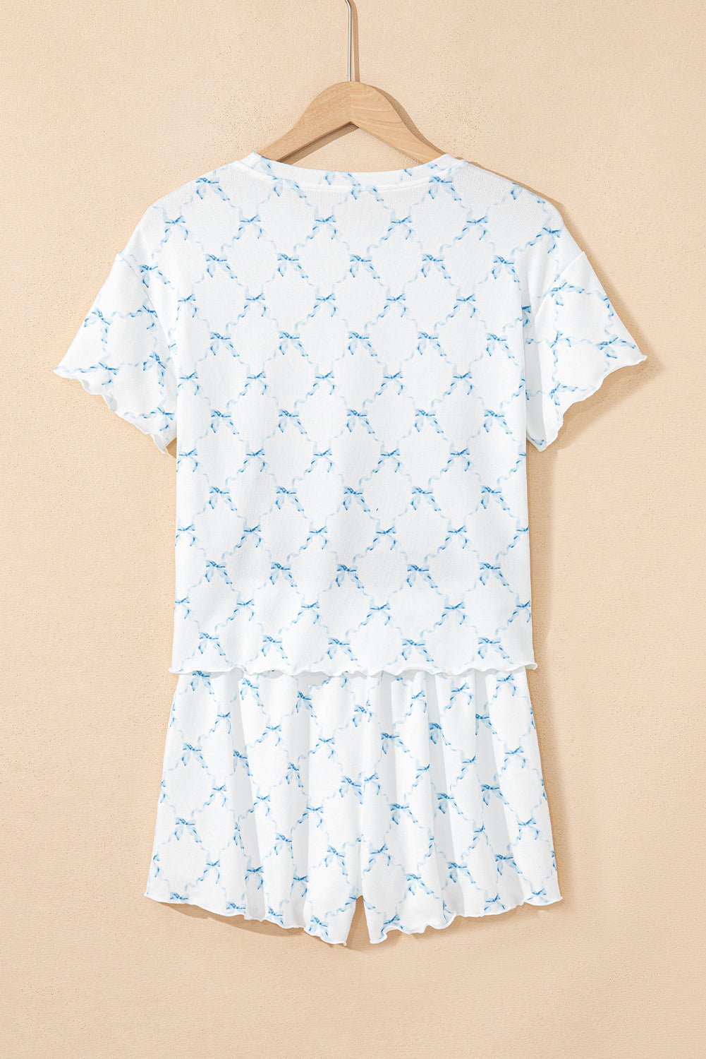 Sky Blue Bow Knot Geometric Print Lettuce Trim Two Piece Lounge Set