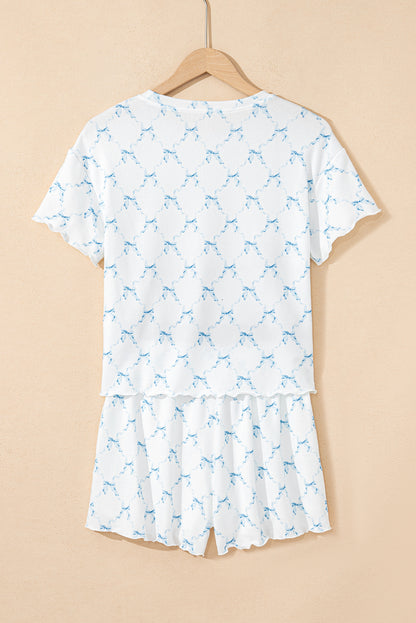 Sky Blue Bow Knot Geometric Print Lettuce Trim Two Piece Lounge Set