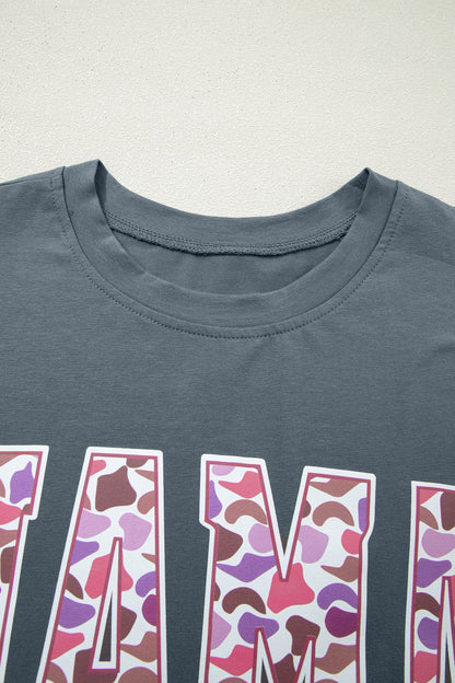 Fun mama  Letter Graphic Tee Camouflage Print Loose Pant Set