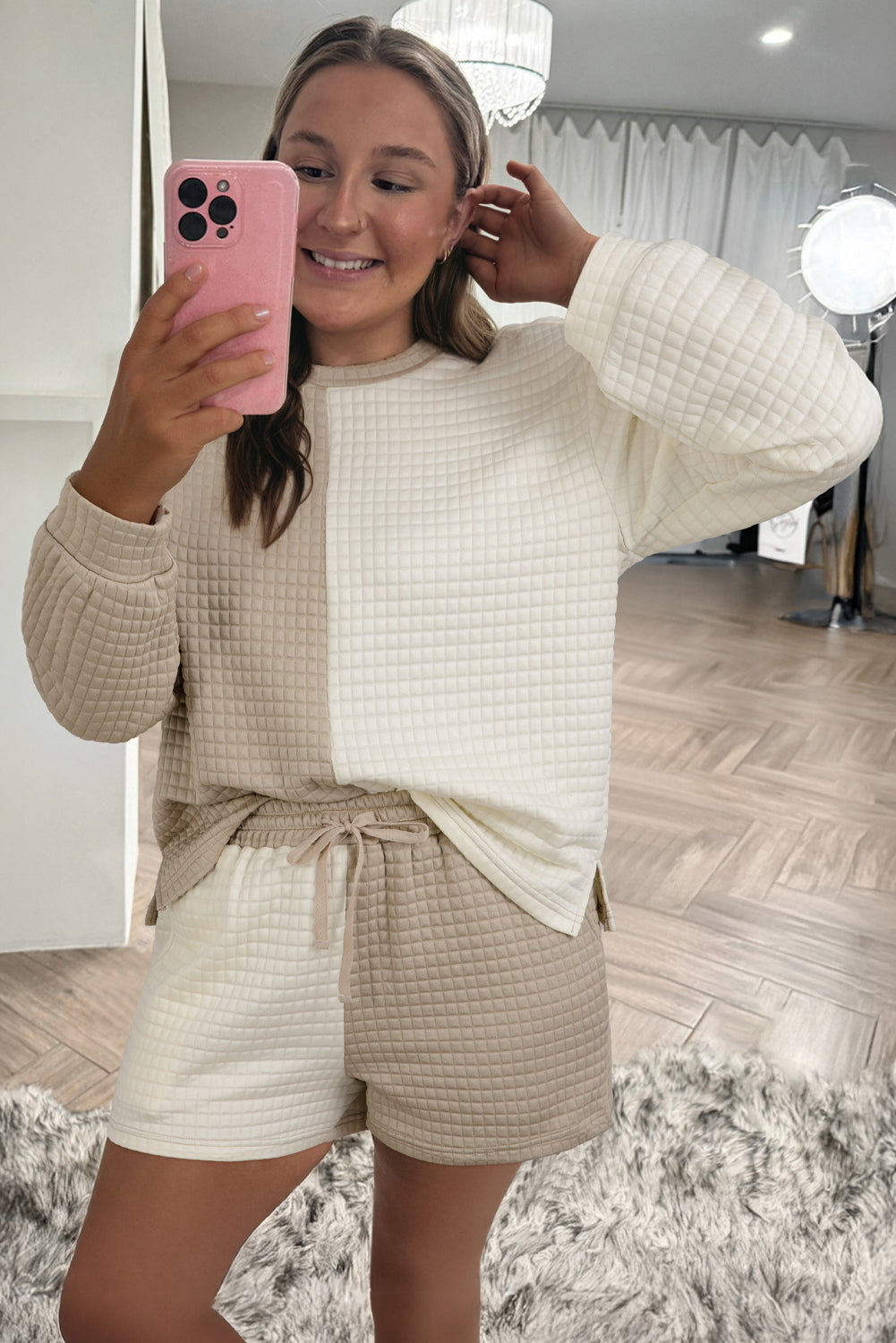 Khaki Color Block Patchwork Textured Long Sleeve Top 2pcs Short Set