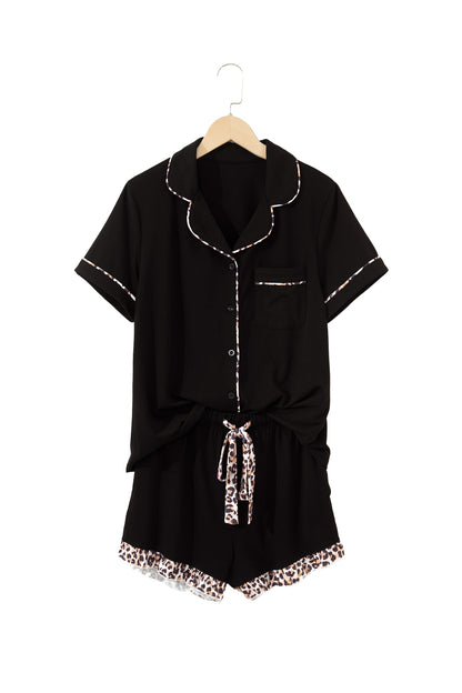 Black Leopard Patchwork Trim Lapel Shirt Drawstring Shorts 2pcs Pajama Set