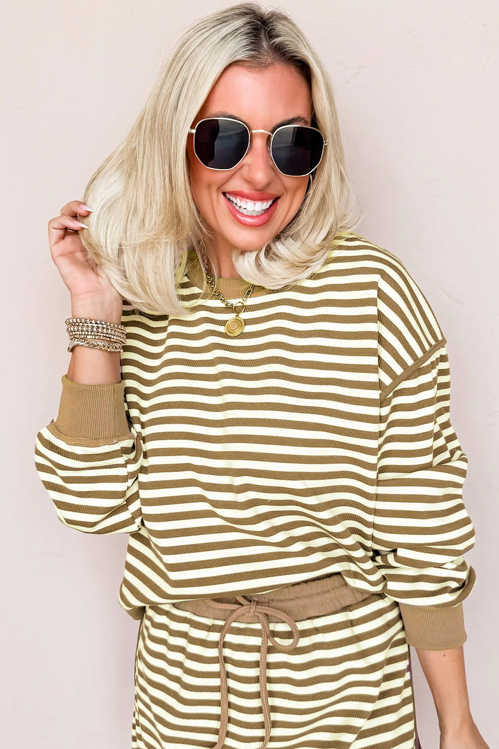 Brown Stripe Textured Drop Shoulder Pullover Top Drawstring Mini Skirt Two Piece Dress Set