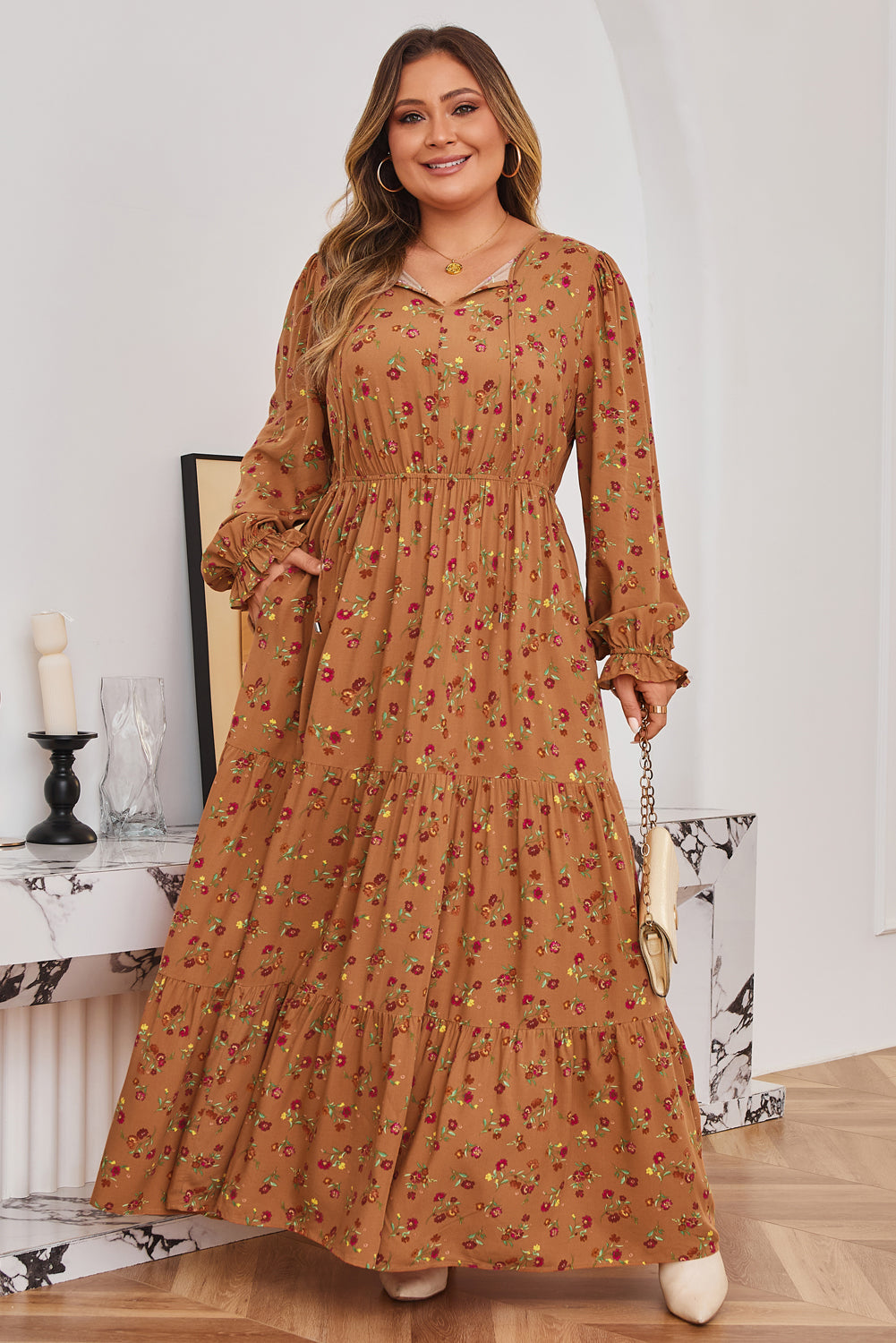 Brown Plus Size Floral Split V Neck Ruffled Sleeve Tiered Maxi Dress