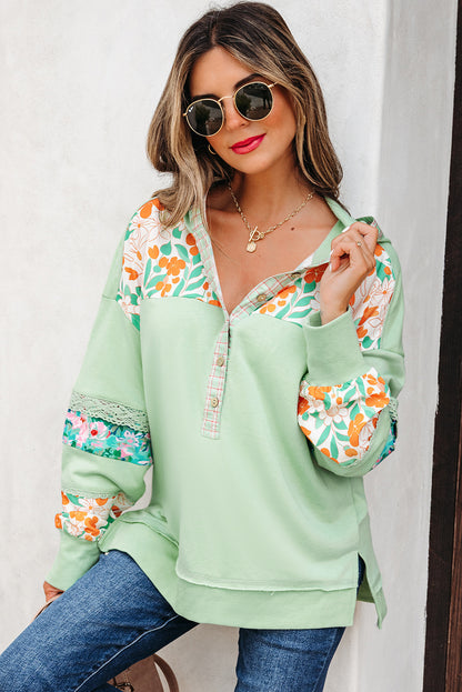 Clearly Aqua Lace Floral Patchwork Half Button Hooded Pullover