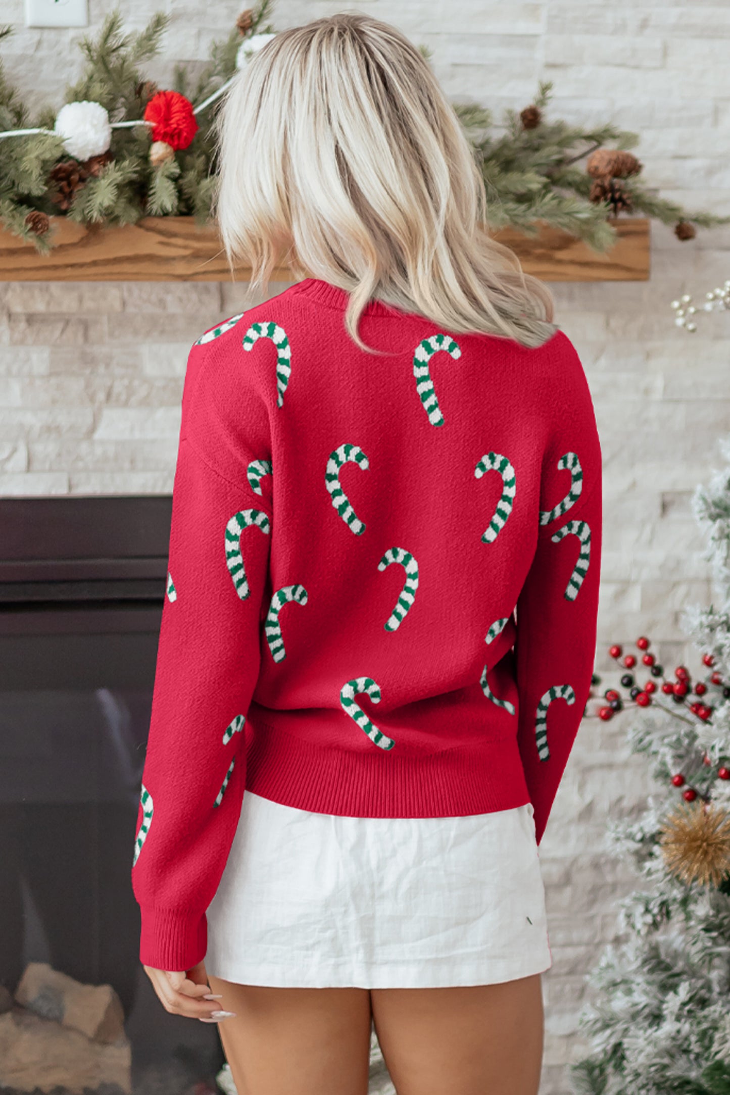 Racing Red Christmas Candy Cane Holiday Drop Shoulder Sweater
