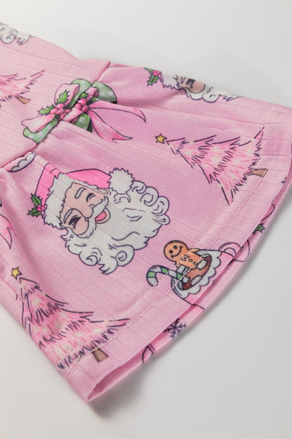 Pink Christmas Print Ruffled Ribbed Shirt & Pants 2 Piece PJ Set