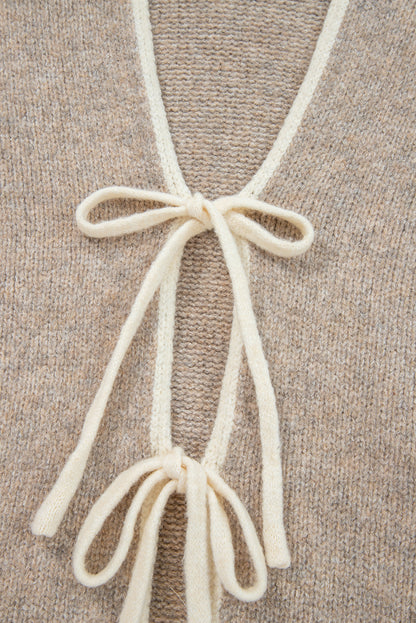 Pale Khaki Tied Front Drop Shoulder Chunky Casual Cardigan