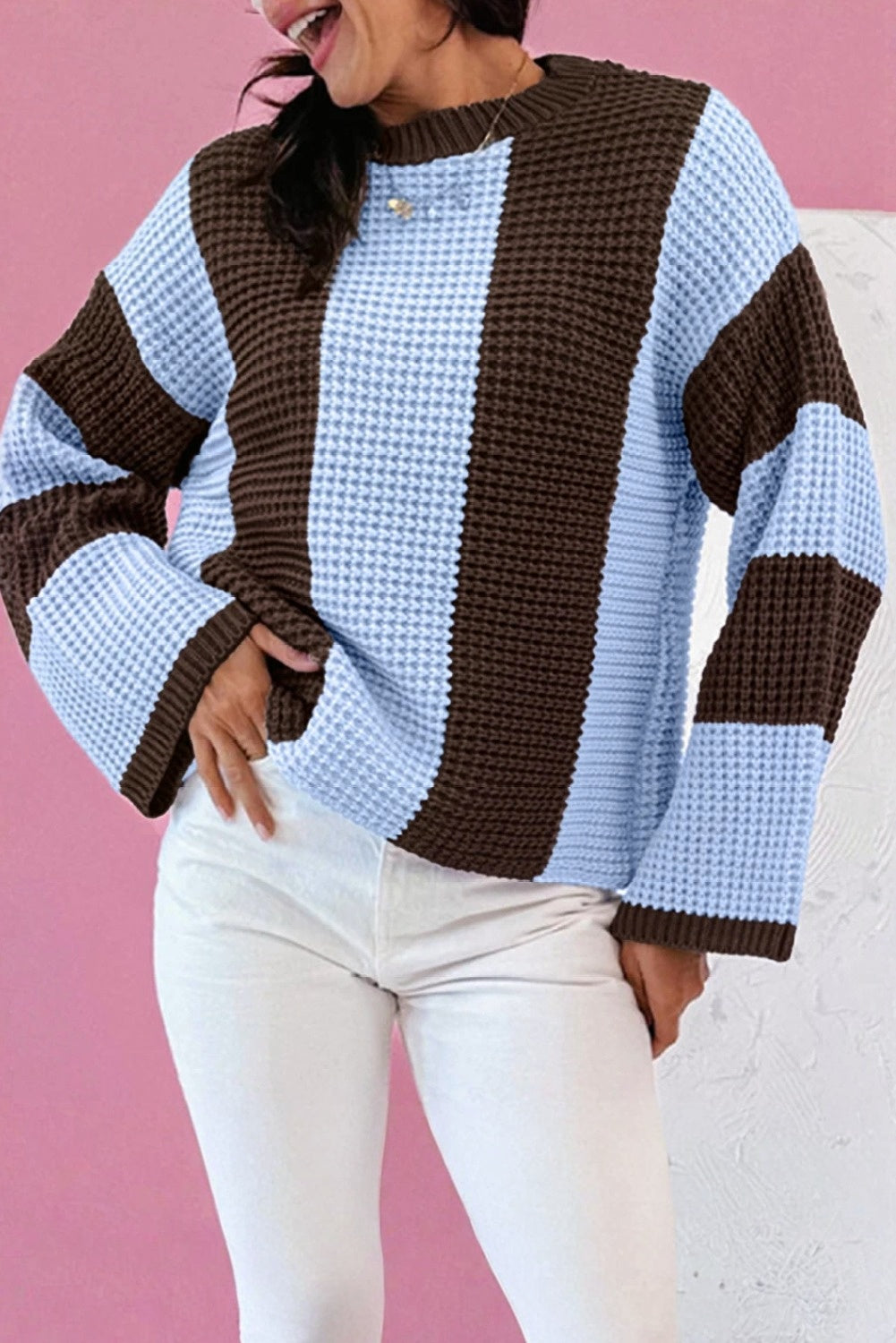 Myosotis Striped Color Block Thermal Textured Knit Drop Shoulder Sweater