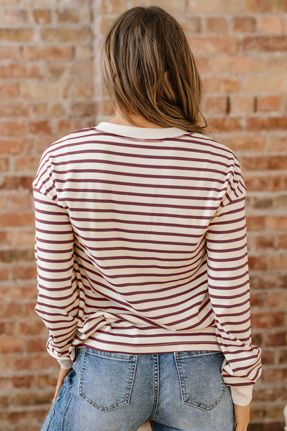 Red Dahlia Striped Print Drop Shoulder Long Sleeve Henley Top
