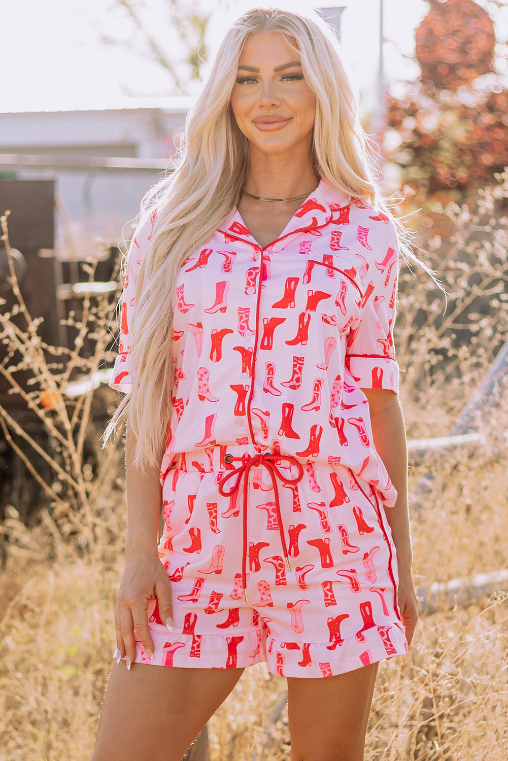 Pink Western Cowgirl Boots Printed Shirt Ruffled Shorts Pajama Set
