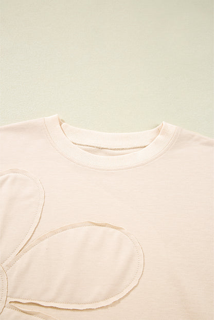 Beige Raw Edge Flower Patch Drop Shoulder Casual Top