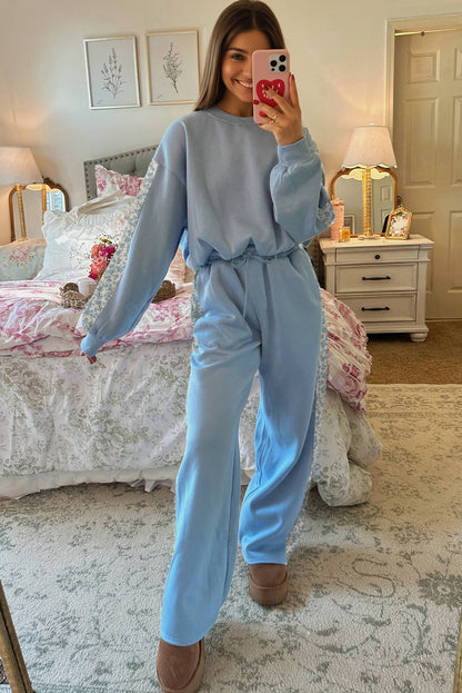 Beau Blue Floral Patchwork Drop Shoulder Pullover and Sweatpants Lounge Set