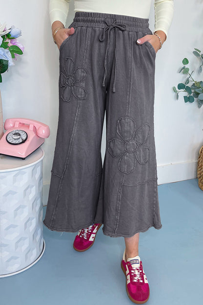 Light Grey Flower Patch Mineral Washed Terry Knit Cropped Wide Leg Pants