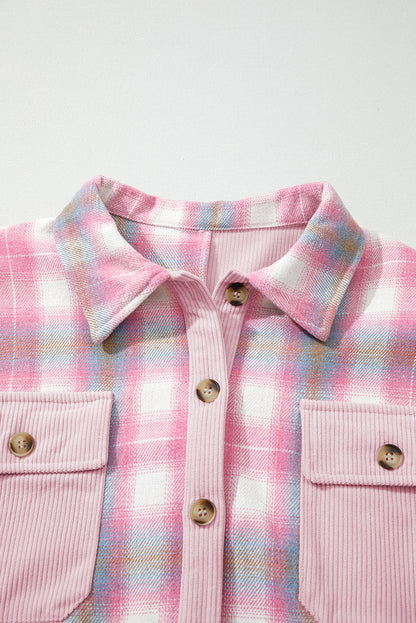 Pink Brushed Plaid Corduroy Flap Pockets Patchwork Shacket