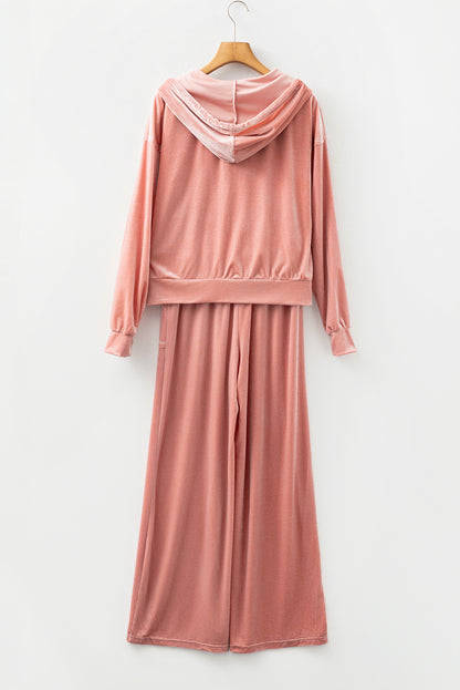 Peach Blossom Velvet Zip-up Hoodie and Wide Leg Pants Set