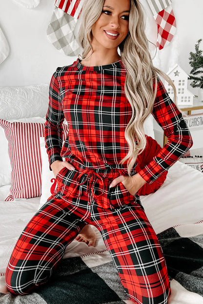 Red Festive Plaid Print Round Neck Long Sleeve and Pants 2 Piece Lounge Set