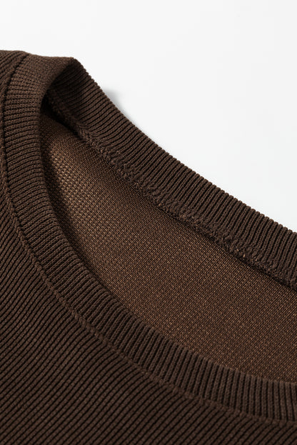 Dark Brown Solid Color Textured Knit Drop Shoulder Pullover Drawstring Shorts Set