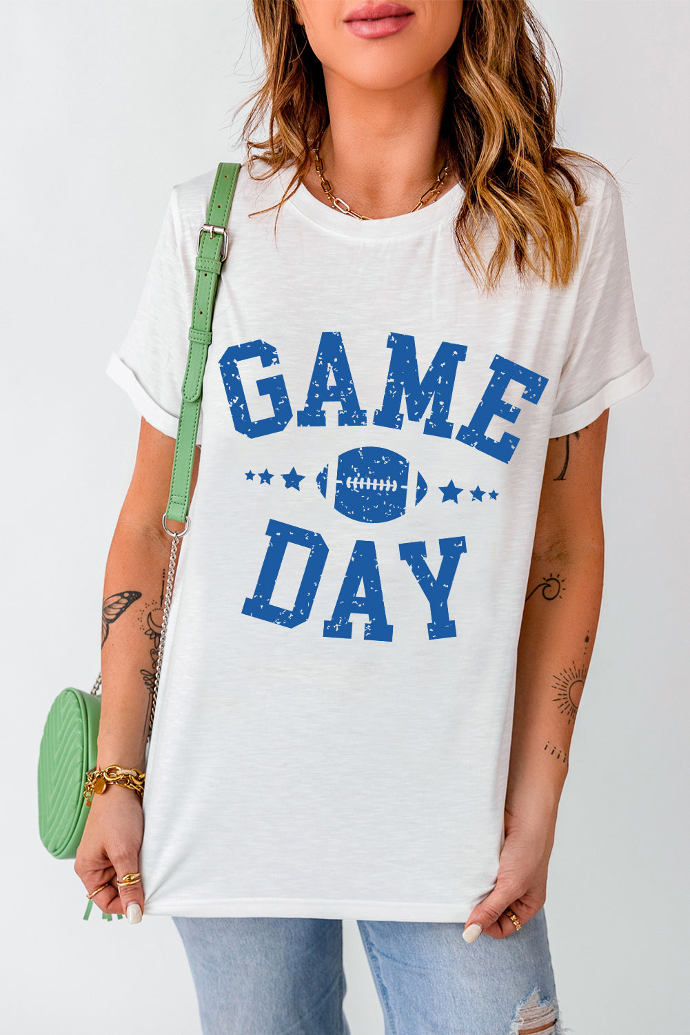White GAME DAY Football Graphic Crewneck T Shirt