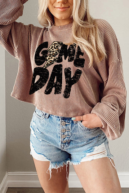 Khaki Game Day Graphic Crop  Football Knit Top