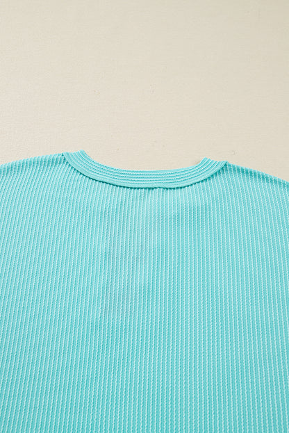 Aruba Blue Twist Ribbed Color Block Plaid Patchwork Plus Size Long Sleeve Top