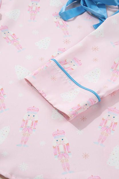 Pink Bow Tie Front Christmas Nutcracker Long Sleeve Shirt Shorts Pajama Set