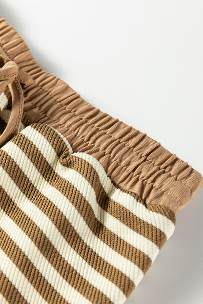 Brown Stripe Textured Drop Shoulder Pullover Top Drawstring Mini Skirt Two Piece Dress Set