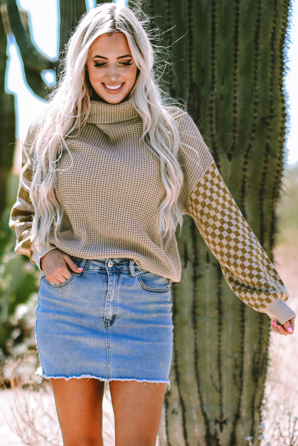 Smoke Gray Striped Plaid Patchwork Waffle Knit Turtleneck Sweater