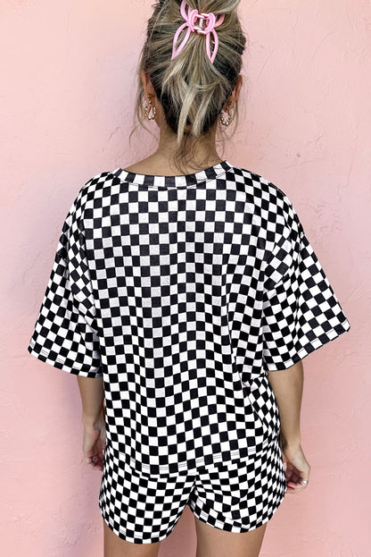 Black Checkered Top and Short Casual Two Piece Set