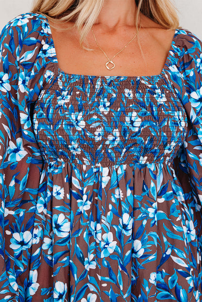 Blue Smocked Bodice High Waist Ruffled Sleeve Floral Dress