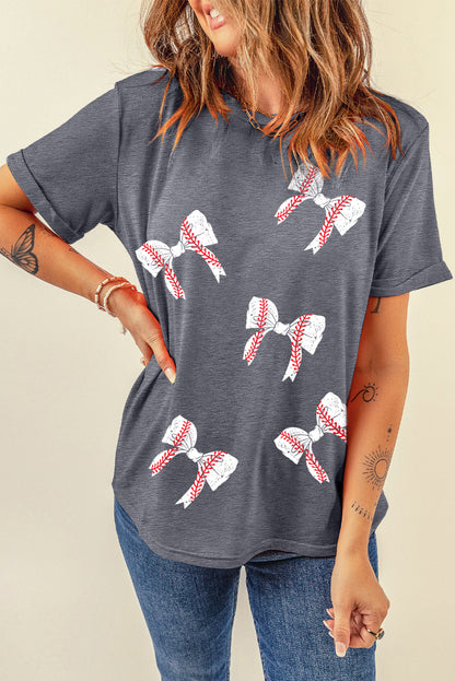 Baseball and Bows Print Crewneck Casual T Shirt