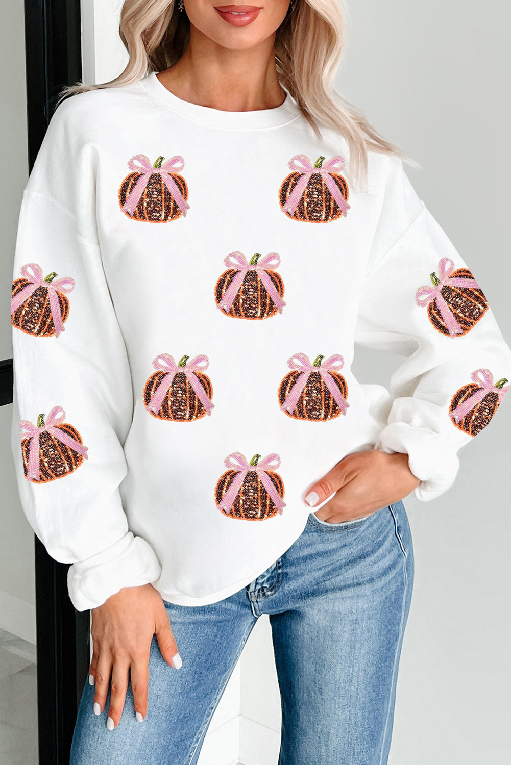 White Sequin Bow Pumpkin Patched Cotton Sweatshirt