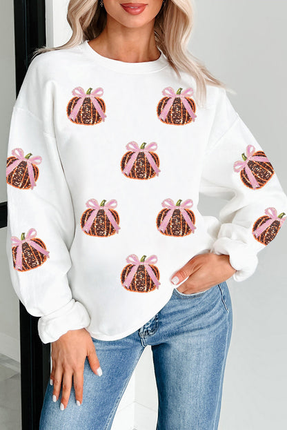 White Sequin Bow Pumpkin Patched Cotton Sweatshirt