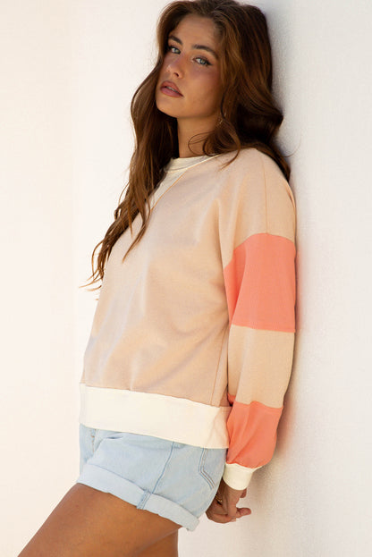 Light French Beige Color Block Textured Patchwork Pullover Sweatshirt