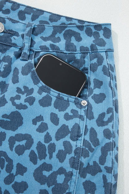Sky Blue Leopard Print Straight Loose Jeans