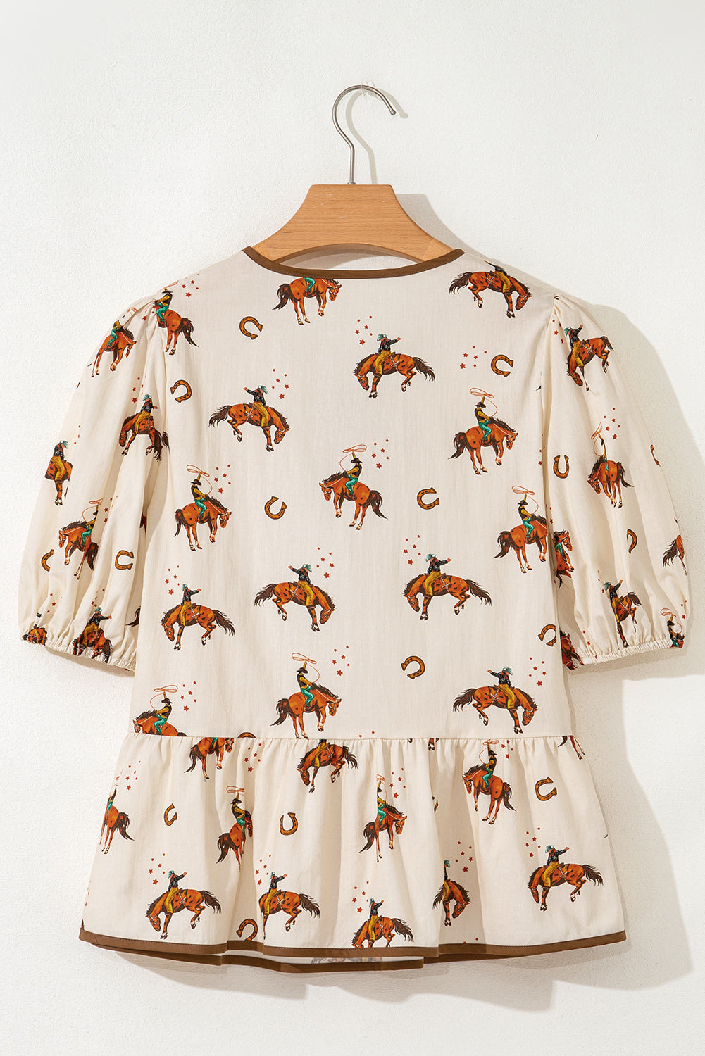 Apricot Cowboy Print Puff Sleeve Bowknot Peplum Blouse