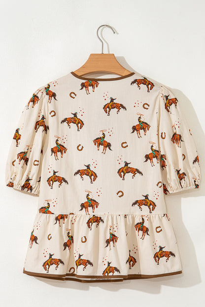 Apricot Cowboy Print Puff Sleeve Bowknot Peplum Blouse